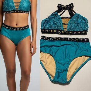Glamour teal aqua solo 2 piece embellished Dance Costume Leotard LA-Large adult